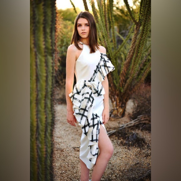 SLIM FITTED SIDE RUFFLE SLIT DRESS - Picture 4 of 5